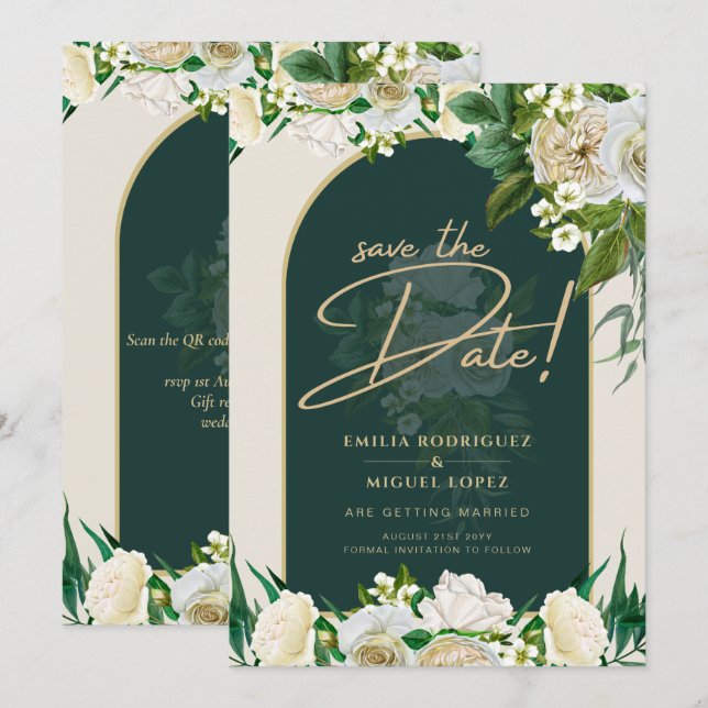 White Roses Forest Green Winter Wedding Rett Dates Einladung (Vorne/Hinten)