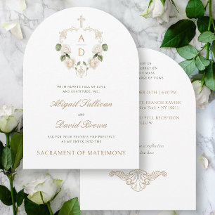 White Roses Frame Monogramme Katholische Hochzeit Einladung