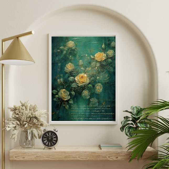 White Roses Gold Antike Vintag Romantische Grün Poster (White Roses with Gold and Green Vintage Antique Handwriting Wall Art poster.)