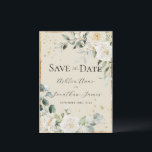 White Roses Gold Cream Elegante Moderne Hochzeit Save The Date<br><div class="desc">Herrliche,  elegante Rosen & kleine Gänse umgeben von einem rustikalen goldenen Rahmen und gemischten Grün von Eukalyptus mit anderen Aquarellfarben Blätter Hochzeitseinladung. Cremefarbener Hintergrund. Atemberaubend. Imitate Gold spritzt vorne und hinten,  um einen schicken Look zu schaffen.</div>