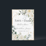 White Roses Gold Elegante Moderne Hochzeit Save The Date<br><div class="desc">Herrliche,  elegante Rosen & kleine Gänse umgeben von einem rustikalen goldenen Rahmen und gemischten Grün von Eukalyptus mit anderen Aquarellfarben Blätter Hochzeitseinladung. Der weiße Hintergrund unterstreicht die Eleganz dieses schönen Designs. Atemberaubend. Imitate Gold spritzt vorne und hinten,  um einen schicken Look zu schaffen.</div>