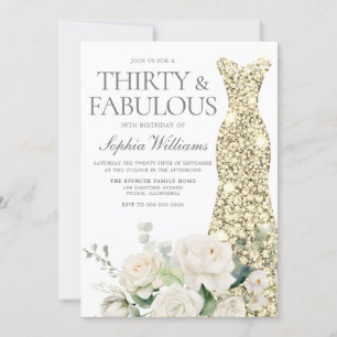White Roses Gold Gown 30. Geburtstag Party Einladung