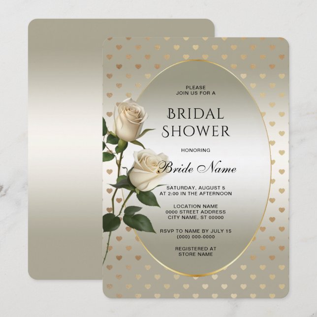 White Roses Gold Hearts Brautparty Einladung (Vorne/Hinten)