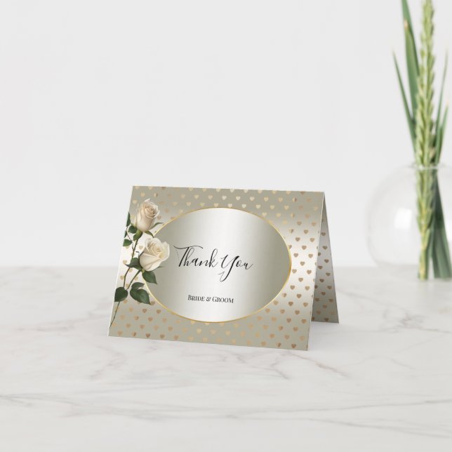 White Roses Gold Hearts Carte de remerciements (Devant)