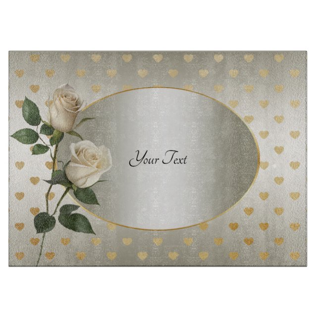 White Roses Gold Hearts Cutting Board Schneidebrett (Vorderseite)