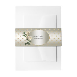 White Roses Gold Hearts Einladung Bauchband Einladungsbanderole
