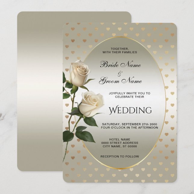 White Roses Gold Hearts Einladung Hochzeit (Vorne/Hinten)