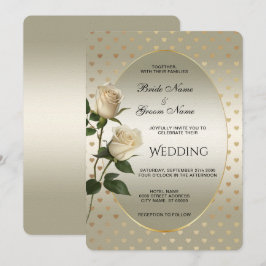 White Roses Gold Hearts Einladung Hochzeit