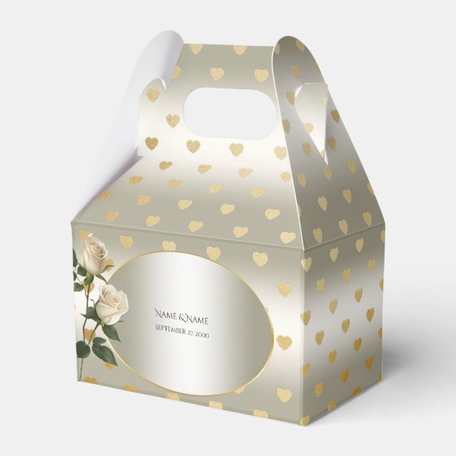 White Roses Gold Hearts Gefälligkeitsbox Geschenkschachtel (Vorderseite)