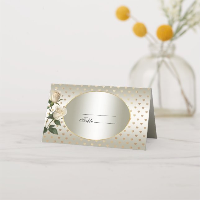 White Roses Gold Hearts Platzkarte (Vorderseite)