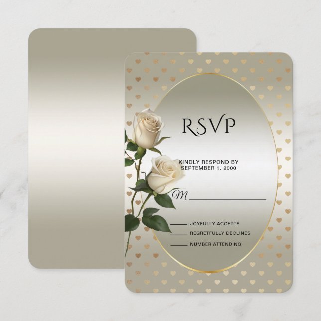 White Roses Gold Hearts RSVP Card (Vorne/Hinten)