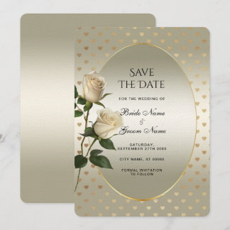 White Roses Gold Hearts Save the Date