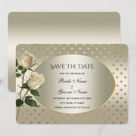 White Roses Gold Hearts Save the Date Card