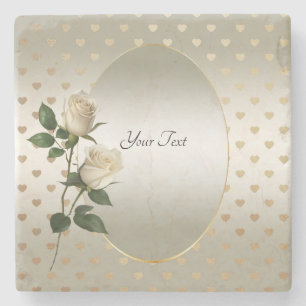 White Roses Gold Hearts Stone Untersetzer