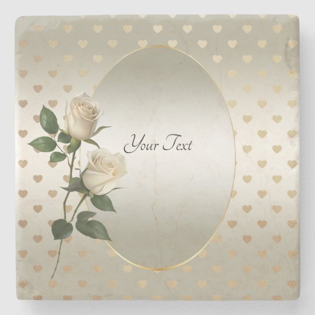 White Roses Gold Hearts Stone Untersetzer (Vorderseite)