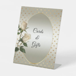 White Roses Gold Hearts Tabletop Zeichen Sockelschild