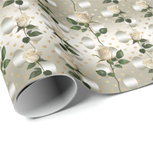 White Roses Gold Hearts Wrapping Paper Geschenkpapier
