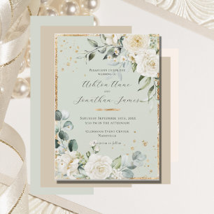 White Roses Gold Sage Green Elegante Hochzeit Einladung