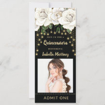White Roses Gold String Light Quinceañera Ticket
