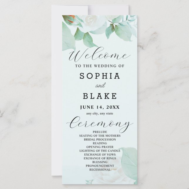 White Roses Green Blätter Green Wedding Program (Vorderseite)