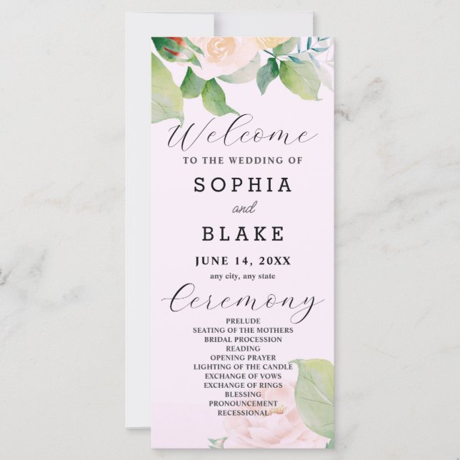 White Roses Green Blätter Pink Wedding Program (Vorderseite)