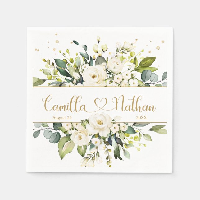 White Roses Green Foliage Hochzeit Napkins Serviette (Vorderseite)