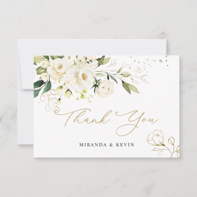 White Roses Green Foliage Wedding Vielen Dank Dankeskarte (Vorderseite)