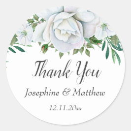 White Roses Green Foliage Wedding Vielen Dank Runder Aufkleber