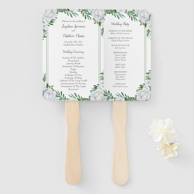 White Roses Greenerage Foliage Hochzeitsprogramme Fächer (Vorne und Hinten)