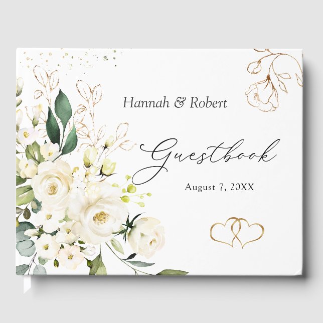 White Roses Greenerage Foliage Wedding Gästebuch (Vorderseite)