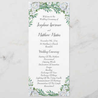 White Roses Greenerage Foliage Wedding Programm