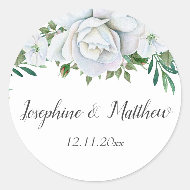 White Roses Greenerage Foliage Wedding Runder Aufkleber (Vorderseite)