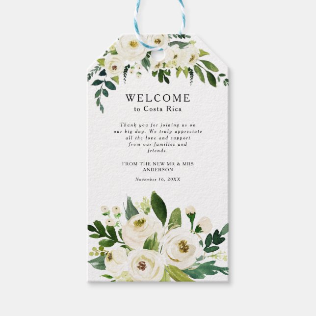White Roses Greenerity Wedding Begrüßungstablett Geschenkanhänger (Vorderseite)