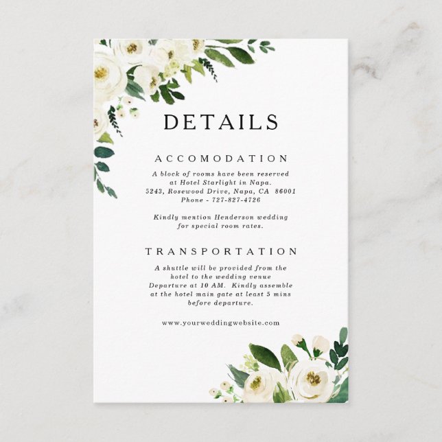 White Roses Greenerity Wedding Details Card Begleitkarte (Vorderseite)