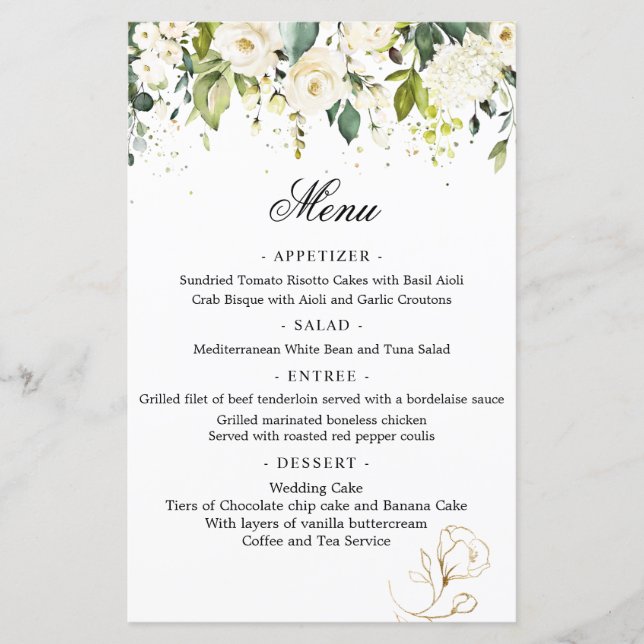 White Roses Greenerity Wedding Menu Paper Sheet (Vorderseite)