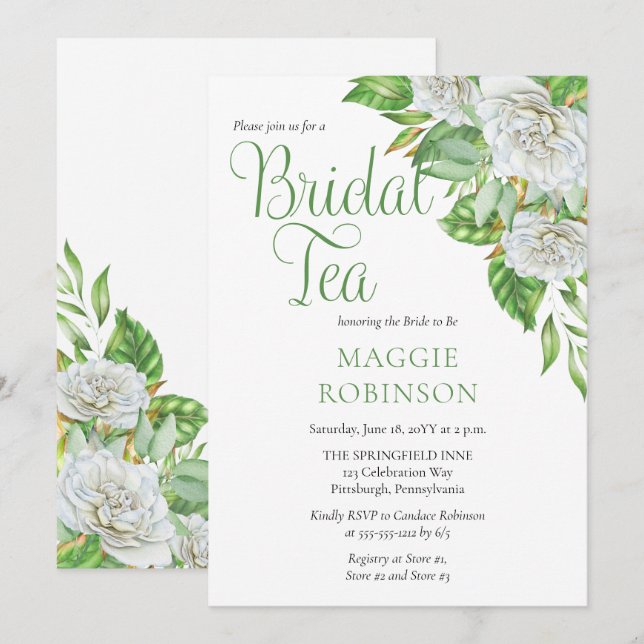 White Roses | Greenery Boho Floral Bridal Tea Einladung (Vorne/Hinten)
