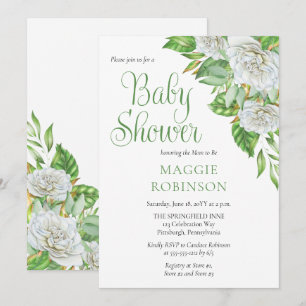White Roses  Greenery Boho Floral Girl Baby Shower Einladung