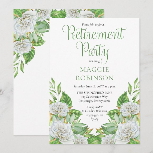White Roses |Greenery Boho Floral Retirement Party Einladung (Vorne/Hinten)