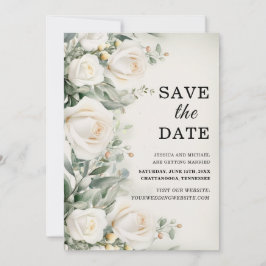 White Roses Greenery Elegante Wedding Save The Date