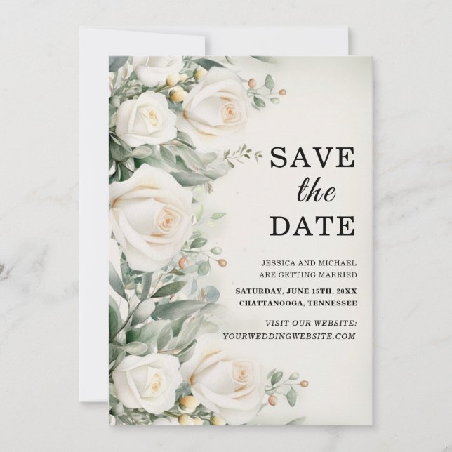 White Roses Greenery Elegante Wedding Save The Date (Vorderseite)