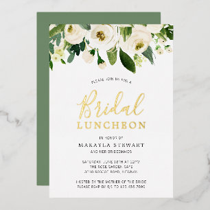 White Roses Greenery Floral Bridal Luncheon Gold Folieneinladung
