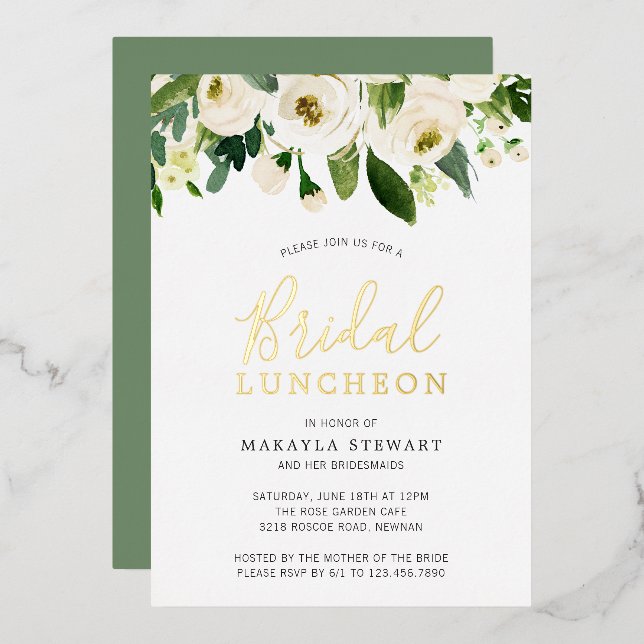 White Roses Greenery Floral Bridal Luncheon Gold Folieneinladung (Vorderseite/Rückseite)
