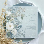 White Roses Hellebores Silver Eucalyptus Wedding Einladung<br><div class="desc">White Roses Hellebores Silver Eucalyptus floral wedding invitation featuring elegant calligraphy script modern watercolor flowers frosty pale blue background and snowflake details</div>