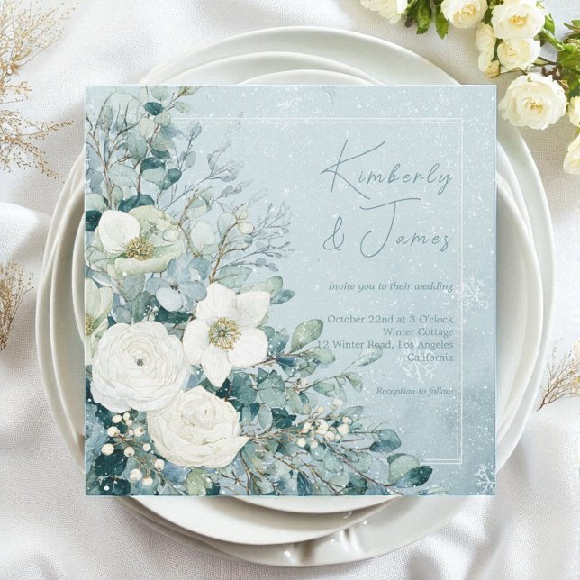 White Roses Hellebores Silver Eucalyptus Wedding Einladung (White Roses Hellebores Silver Eucalyptus Wedding Invitation)