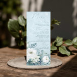 White Roses Hellebores Silver Eucalyptus Wedding Menükarte<br><div class="desc">White Roses Hellebores Silver Eucalyptus floral wedding menu featuring elegant calligraphy script modern watercolor flowers frosty pale blue background and snowflake details</div>