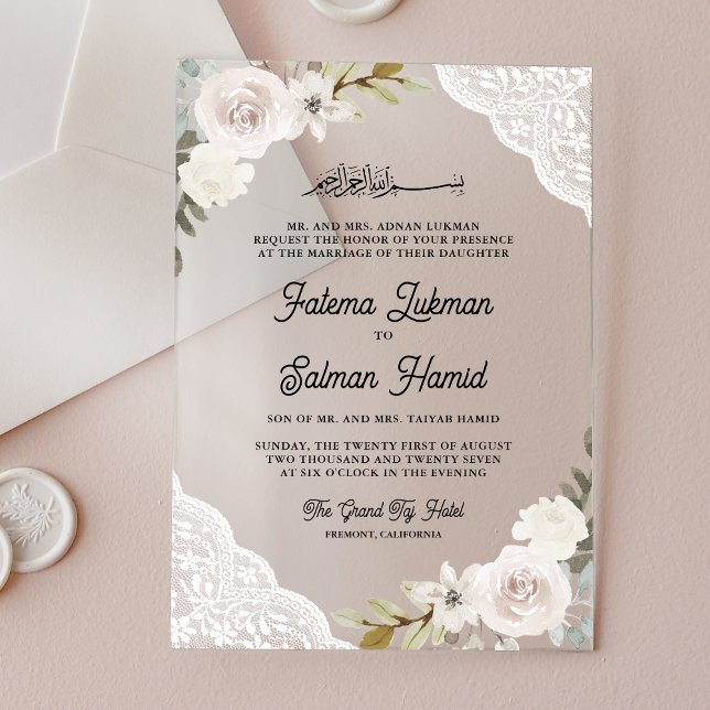 White Roses Lace Islamic Muslim Wedding Acryleinladungen (Von Creator hochgeladen)