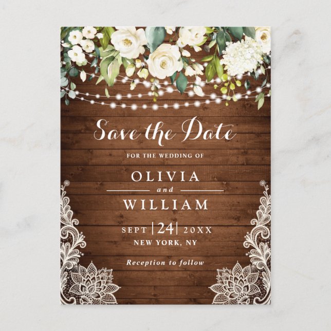 White Roses Lace Rustic Wedding Save the Date Postkarte (Vorderseite)