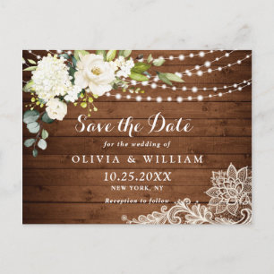 White Roses Lace Rustic Wedding Save the Date Postkarte