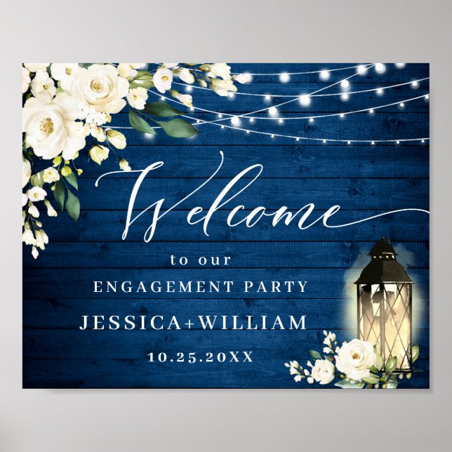 White Roses Lantern Blue Wood ENGAGEMENT PARTEI Poster (Vorne)