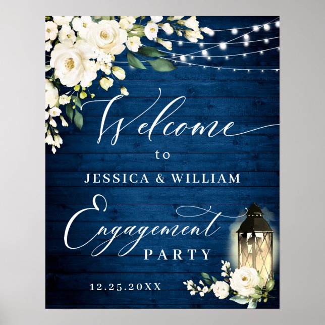 White Roses Lantern Blue Wood Engagement Party Poster (Vorne)